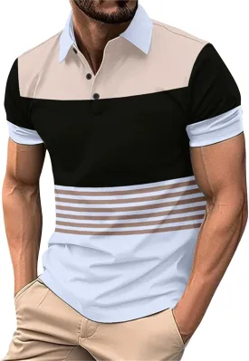 LCMTWX Men's Polo Shirts Fashionable Printed Button Color Blocking Sports T Shirt Slim Fit Tee Shirts for Men Casual