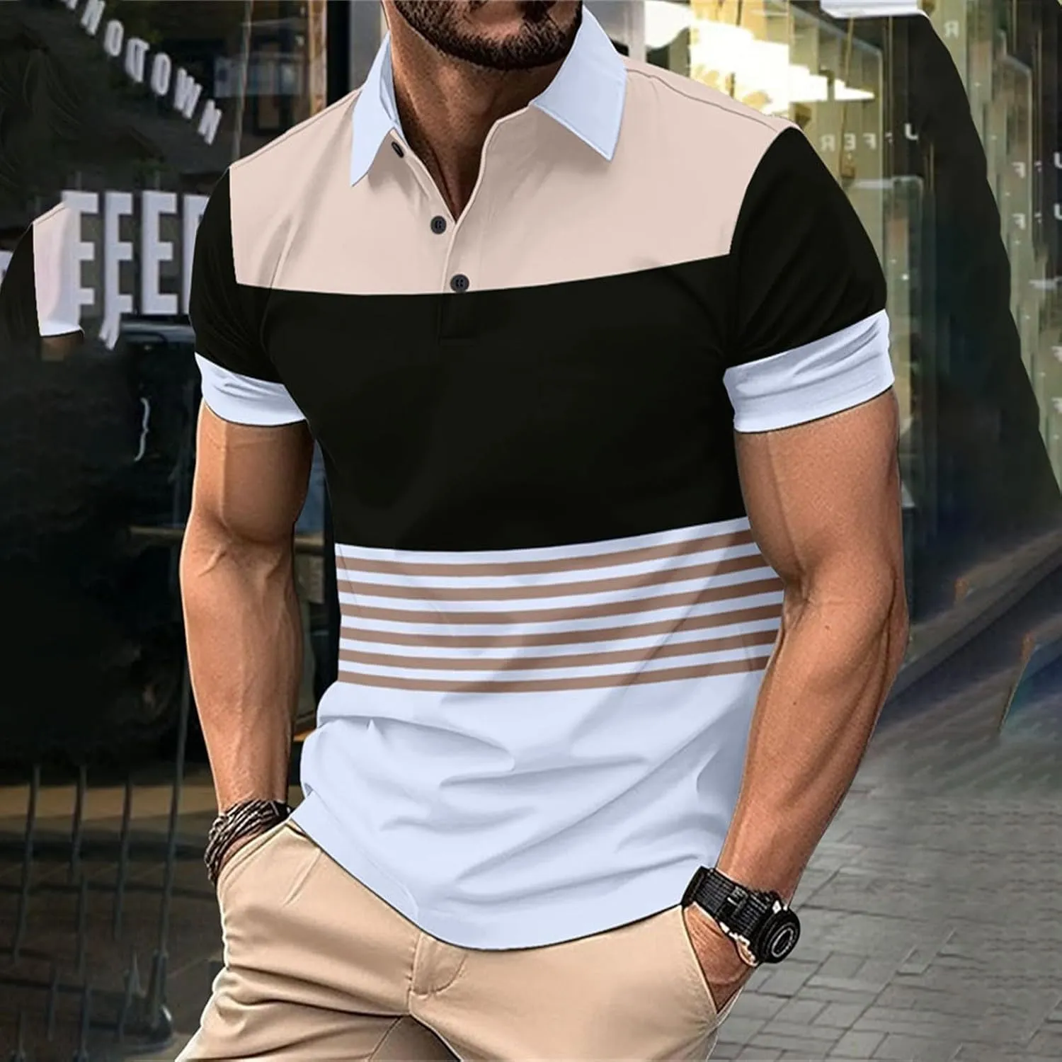 LCMTWX Men's Polo Shirts Fashionable Printed Button Color Blocking Sports T Shirt Slim Fit Tee Shirts for Men Casual