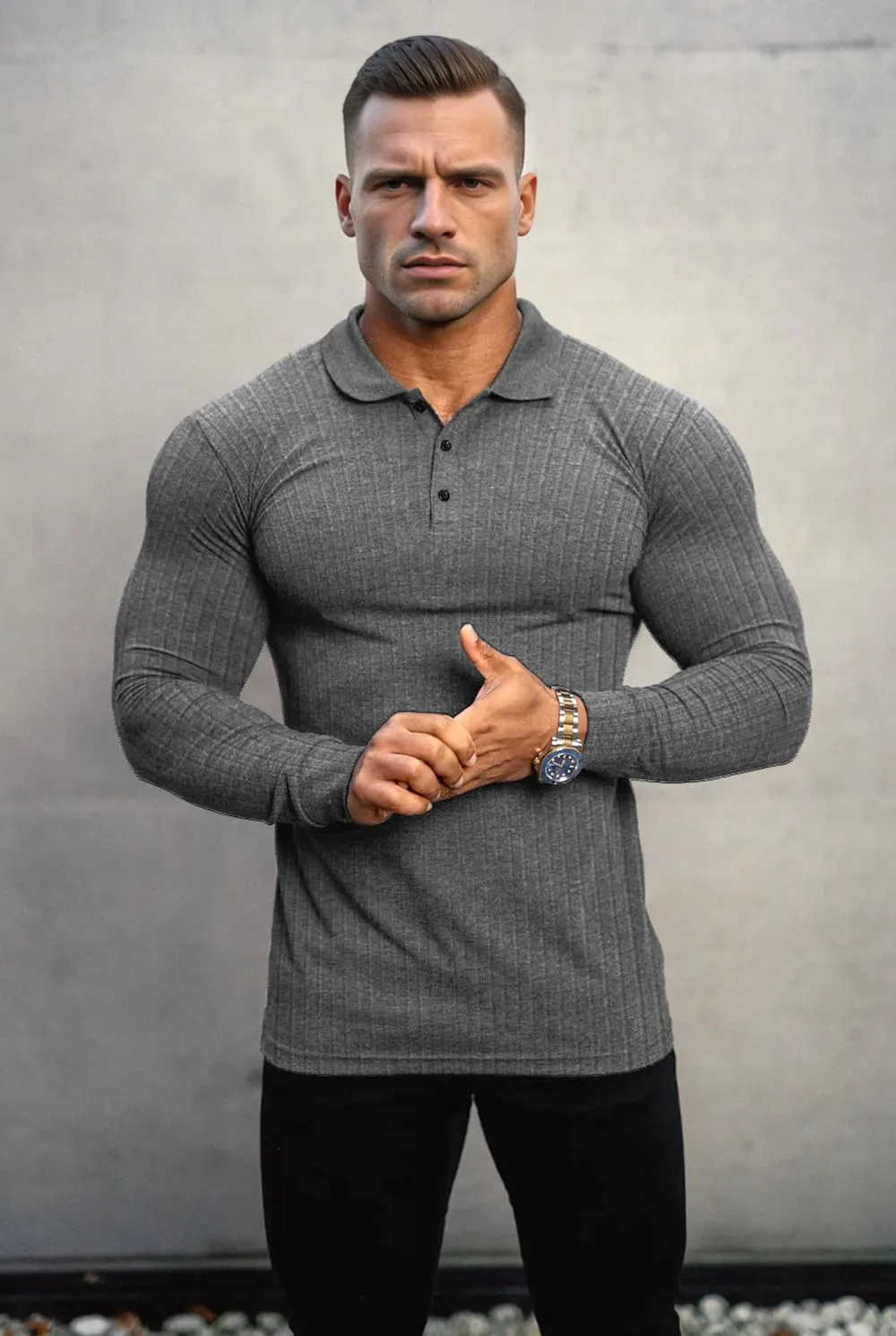 Lehmanlin Men's Stretch Muscle Shirts Long/Short Sleeve Cotton T Shirts Slim Fit Polo Shirt