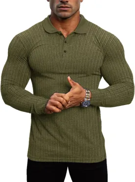 Lehmanlin Men's Stretch Muscle Shirts Long/Short Sleeve Cotton T Shirts Slim Fit Polo Shirt