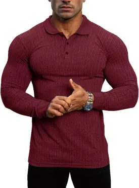 Lehmanlin Men's Stretch Muscle Shirts Long/Short Sleeve Cotton T Shirts Slim Fit Polo Shirt