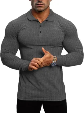 Lehmanlin Men's Stretch Muscle Shirts Long/Short Sleeve Cotton T Shirts Slim Fit Polo Shirt