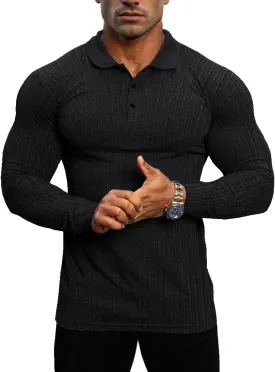 Lehmanlin Men's Stretch Muscle Shirts Long/Short Sleeve Cotton T Shirts Slim Fit Polo Shirt