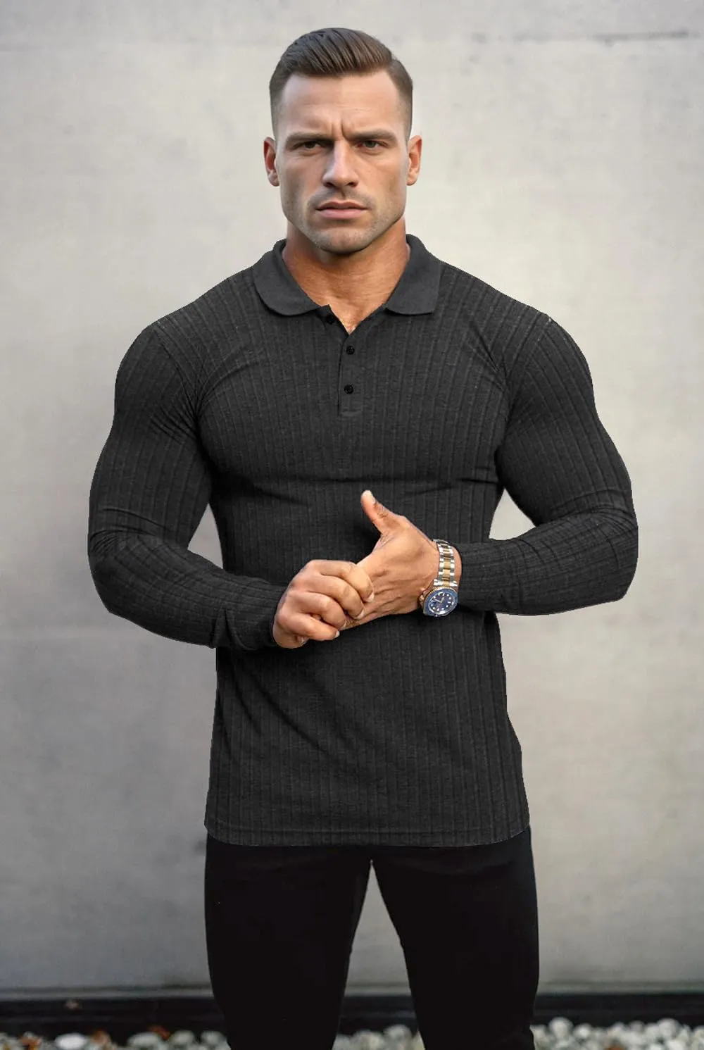 Lehmanlin Men's Stretch Muscle Shirts Long/Short Sleeve Cotton T Shirts Slim Fit Polo Shirt