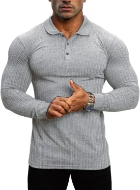 Lehmanlin Men's Stretch Muscle Shirts Long/Short Sleeve Cotton T Shirts Slim Fit Polo Shirt