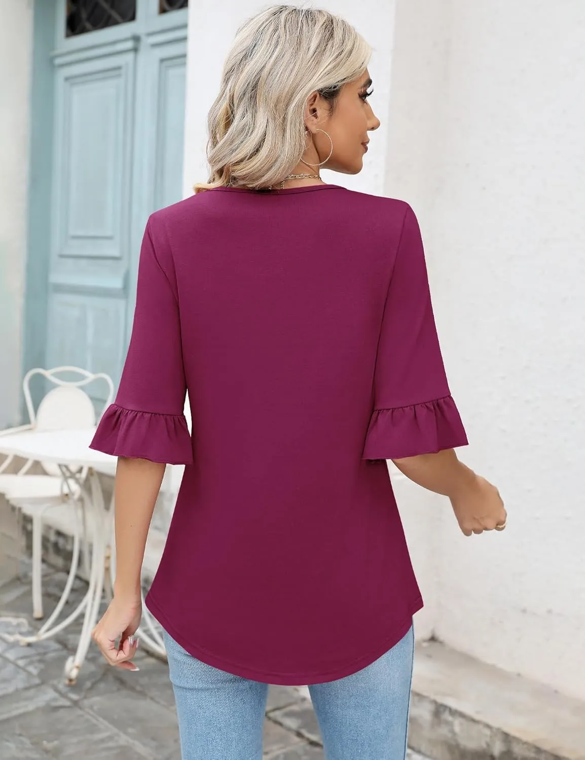 LOMON 3/4 Sleeve Tops for Women Summer Dressy Casual V Neck Shirts Ruffle Sleeve Loose Blouses