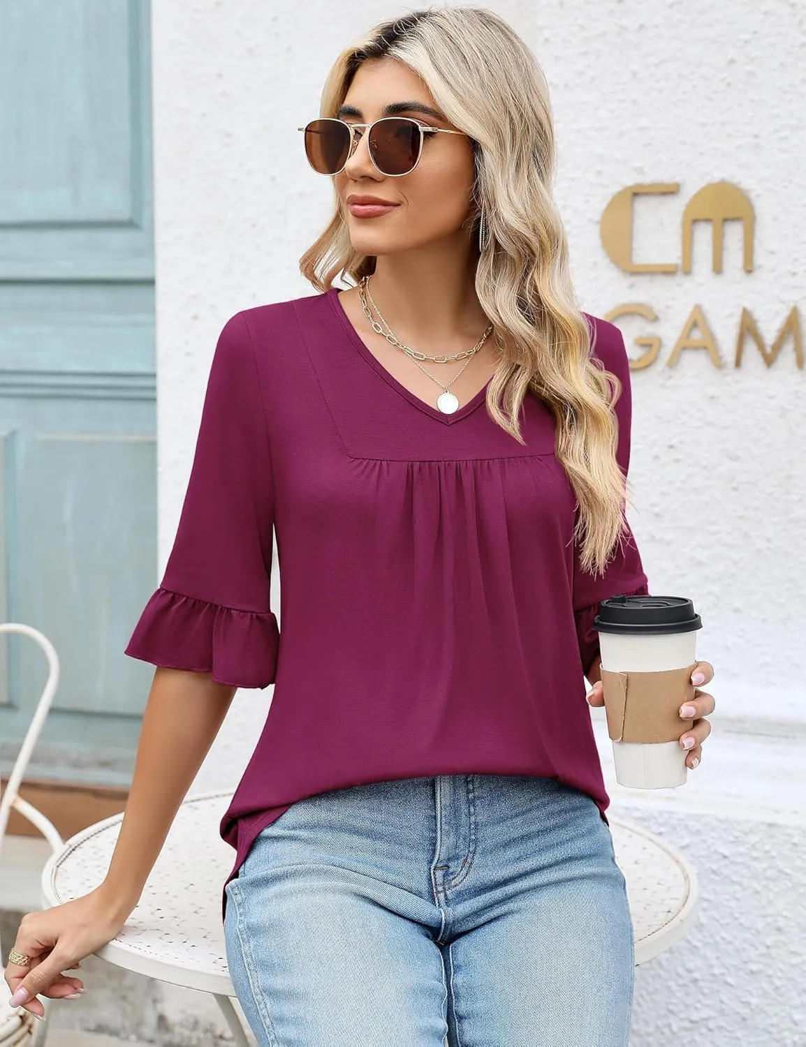 LOMON 3/4 Sleeve Tops for Women Summer Dressy Casual V Neck Shirts Ruffle Sleeve Loose Blouses