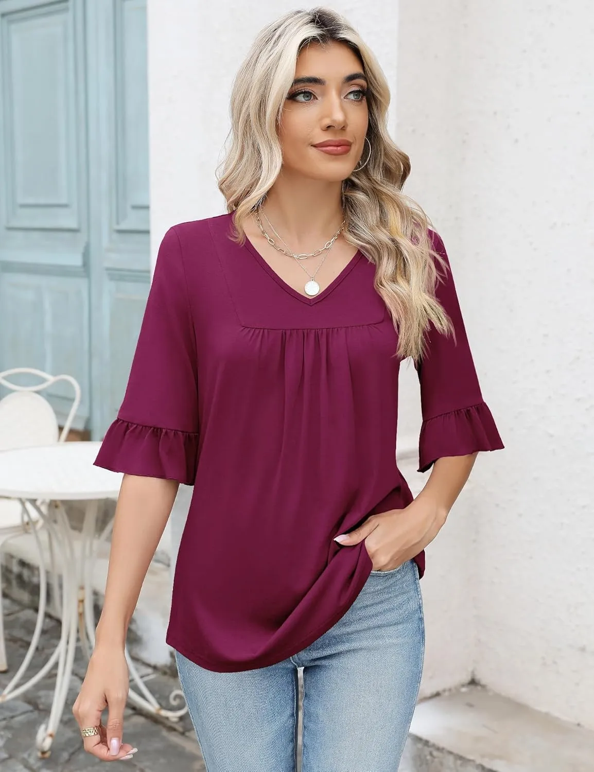 LOMON 3/4 Sleeve Tops for Women Summer Dressy Casual V Neck Shirts Ruffle Sleeve Loose Blouses