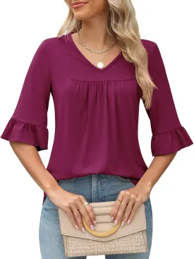 LOMON 3/4 Sleeve Tops for Women Summer Dressy Casual V Neck Shirts Ruffle Sleeve Loose Blouses