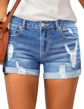 LookbookStore Women's High Waisted Rolled Hem Distressed Jeans Ripped Denim Shorts
