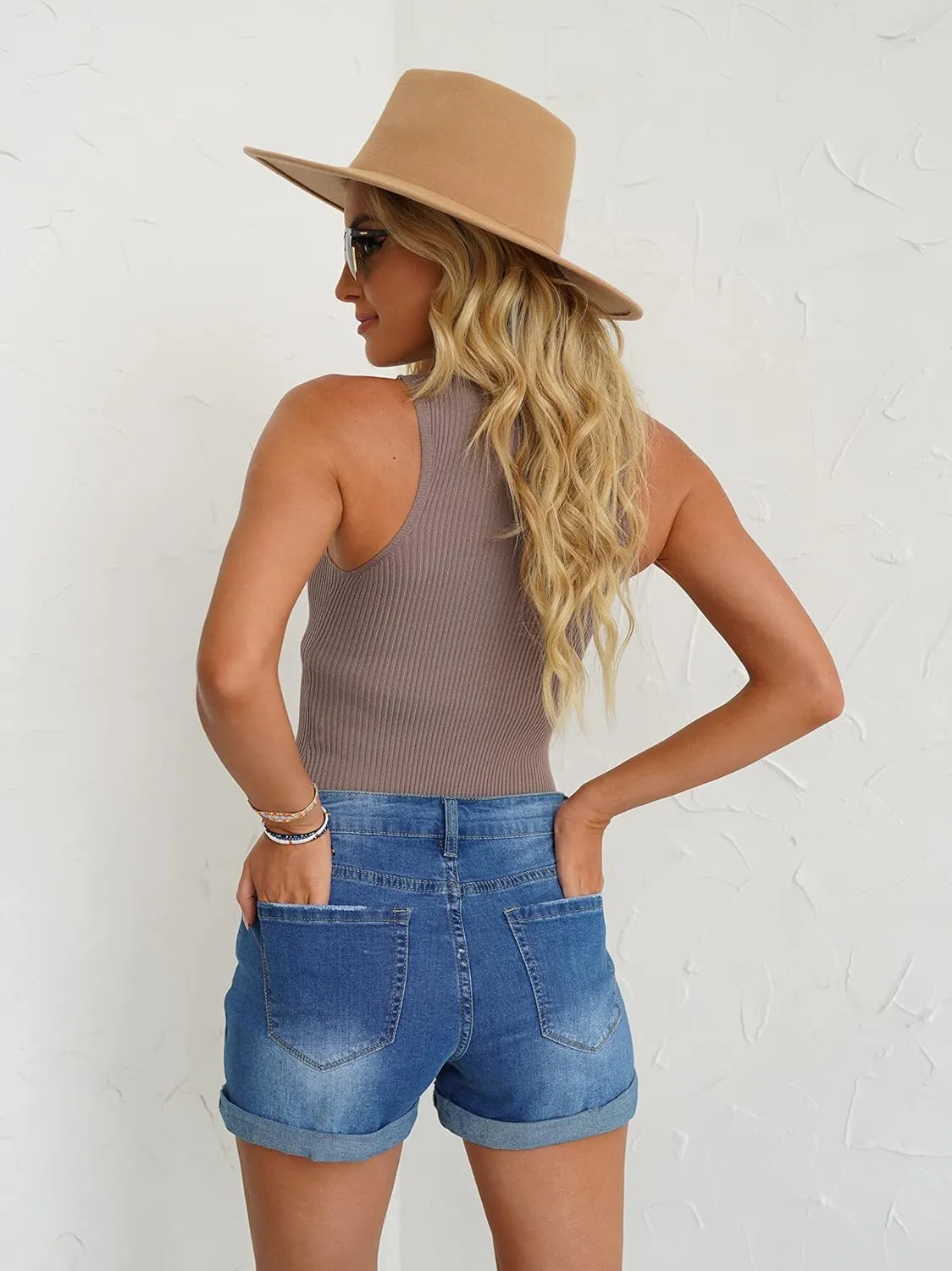 LookbookStore Women's High Waisted Rolled Hem Distressed Jeans Ripped Denim Shorts