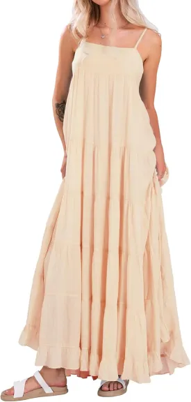 loveimgs Women Summer Spaghetti Strap Smocked Maxi Dress Tiered Ruffle Sleeveless Long Flowy Dress Beach Sundress