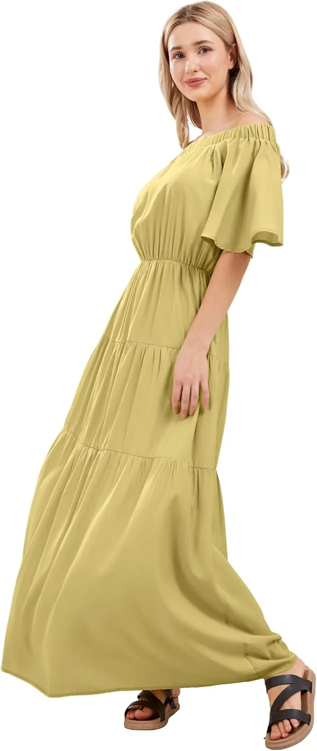 loveimgs Women's Summer Off Shoulder Ruffle Cotton Dress Short Sleeve Mid Rise Beach Boho Long Maxi Dress