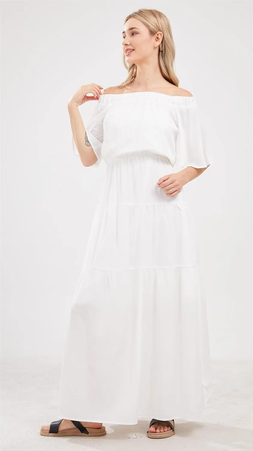 loveimgs Women's Summer Off Shoulder Ruffle Cotton Dress Short Sleeve Mid Rise Beach Boho Long Maxi Dress