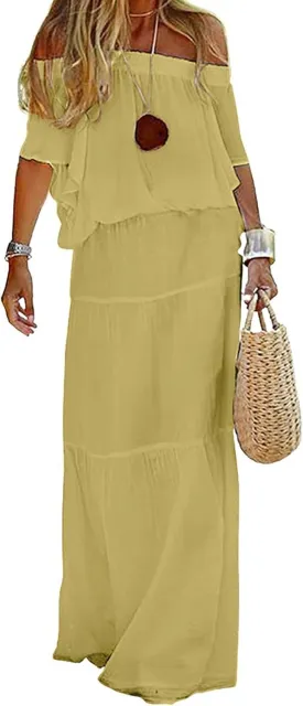 loveimgs Women's Summer Off Shoulder Ruffle Cotton Dress Short Sleeve Mid Rise Beach Boho Long Maxi Dress