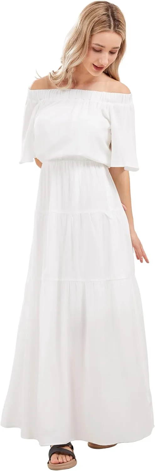loveimgs Women's Summer Off Shoulder Ruffle Cotton Dress Short Sleeve Mid Rise Beach Boho Long Maxi Dress