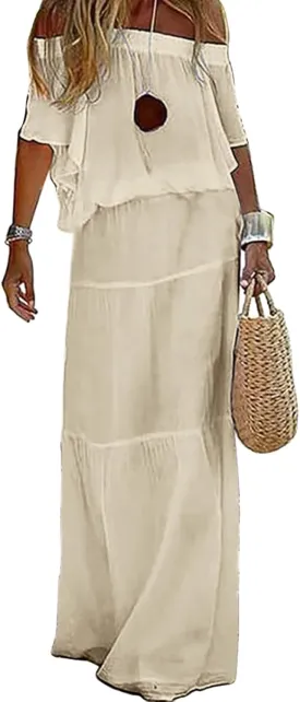 loveimgs Women's Summer Off Shoulder Ruffle Cotton Dress Short Sleeve Mid Rise Beach Boho Long Maxi Dress