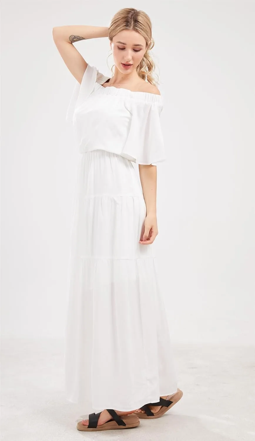 loveimgs Women's Summer Off Shoulder Ruffle Cotton Dress Short Sleeve Mid Rise Beach Boho Long Maxi Dress