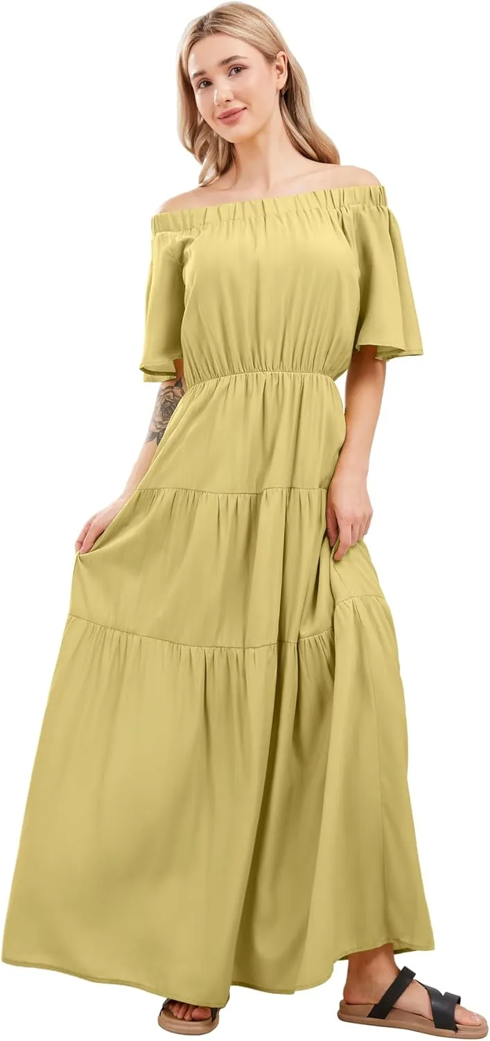 loveimgs Women's Summer Off Shoulder Ruffle Cotton Dress Short Sleeve Mid Rise Beach Boho Long Maxi Dress