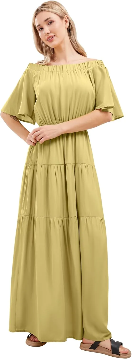 loveimgs Women's Summer Off Shoulder Ruffle Cotton Dress Short Sleeve Mid Rise Beach Boho Long Maxi Dress