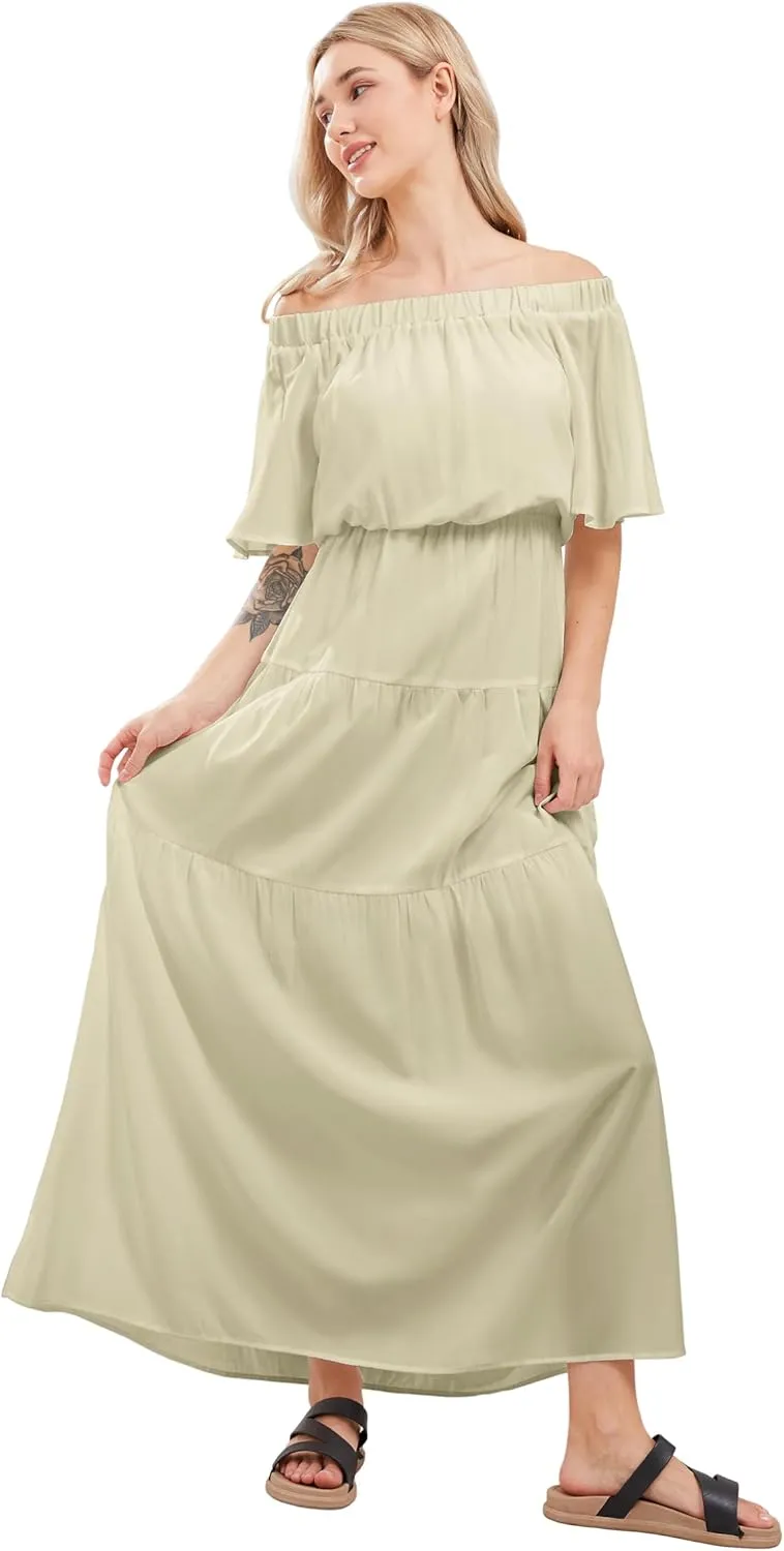 loveimgs Women's Summer Off Shoulder Ruffle Cotton Dress Short Sleeve Mid Rise Beach Boho Long Maxi Dress