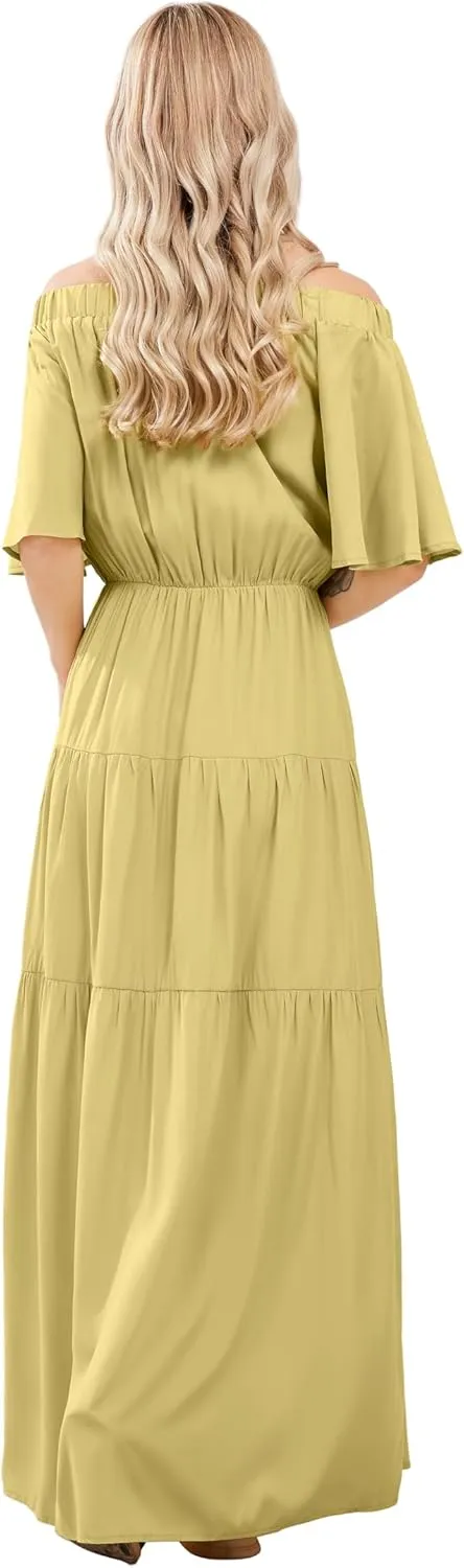 loveimgs Women's Summer Off Shoulder Ruffle Cotton Dress Short Sleeve Mid Rise Beach Boho Long Maxi Dress
