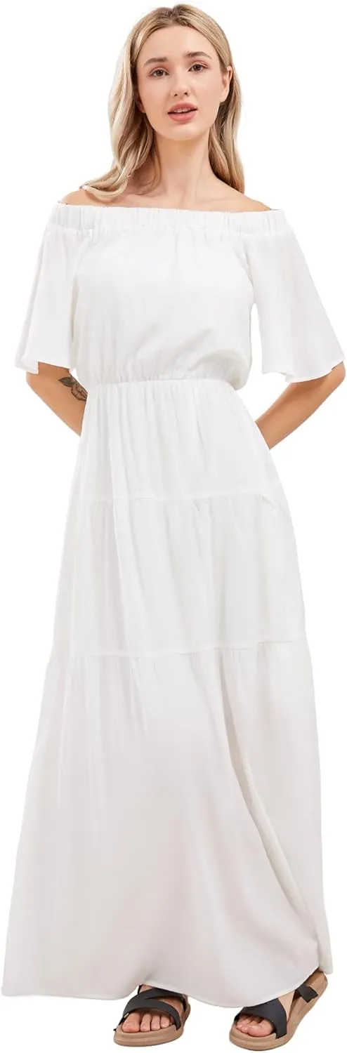 loveimgs Women's Summer Off Shoulder Ruffle Cotton Dress Short Sleeve Mid Rise Beach Boho Long Maxi Dress