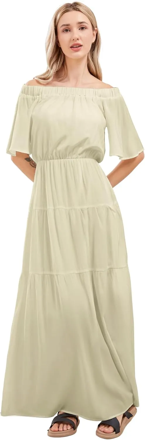 loveimgs Women's Summer Off Shoulder Ruffle Cotton Dress Short Sleeve Mid Rise Beach Boho Long Maxi Dress