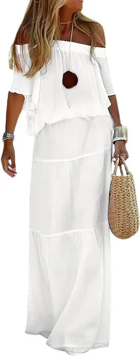 loveimgs Women's Summer Off Shoulder Ruffle Cotton Dress Short Sleeve Mid Rise Beach Boho Long Maxi Dress