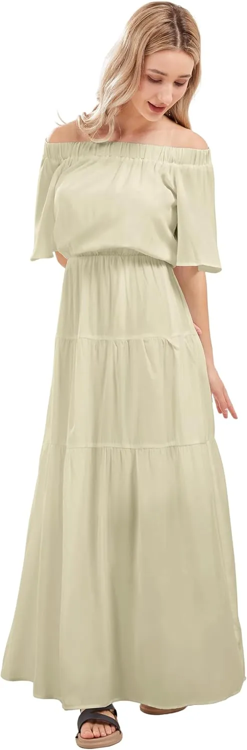 loveimgs Women's Summer Off Shoulder Ruffle Cotton Dress Short Sleeve Mid Rise Beach Boho Long Maxi Dress