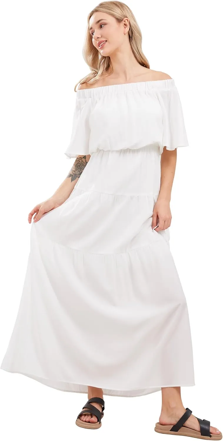 loveimgs Women's Summer Off Shoulder Ruffle Cotton Dress Short Sleeve Mid Rise Beach Boho Long Maxi Dress