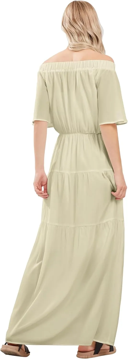 loveimgs Women's Summer Off Shoulder Ruffle Cotton Dress Short Sleeve Mid Rise Beach Boho Long Maxi Dress