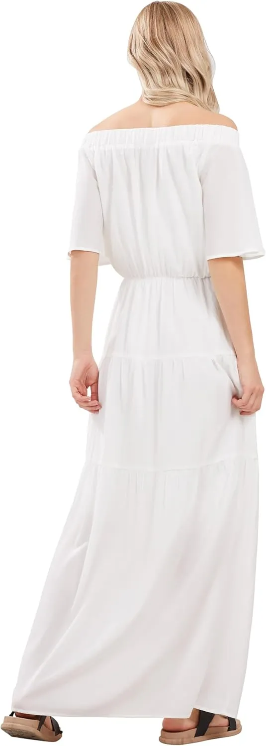 loveimgs Women's Summer Off Shoulder Ruffle Cotton Dress Short Sleeve Mid Rise Beach Boho Long Maxi Dress