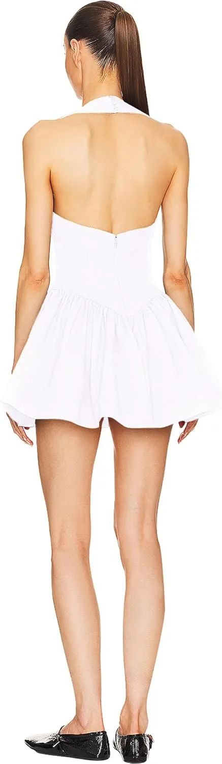 LuFeng Women's Summer Square Neck Halter Dress Sleeveless Backless Swing A-Line Ruffled Hem Flowy Short Mini Dress