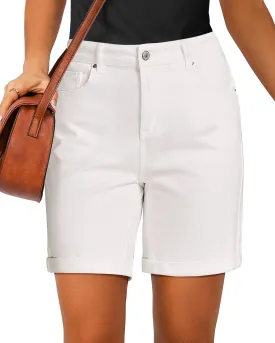 luvamia Jean Shorts for Women High Waisted Trendy Causal Summer Fold Hem Stretchy Long Denim Shorts 7 Inch Inseam
