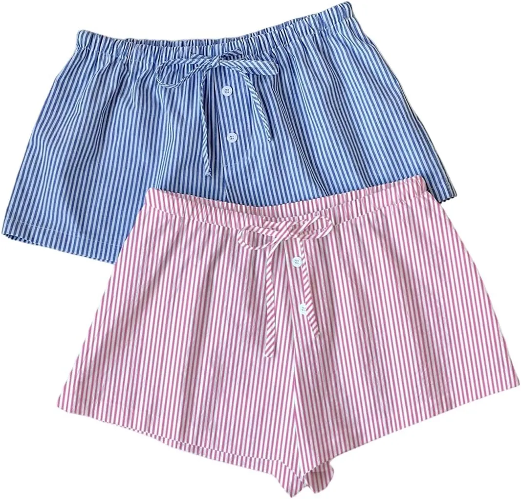 MakeMeChic Women's 2 Pack Linen Shorts Summer Beach Pajama Boxer Shorts