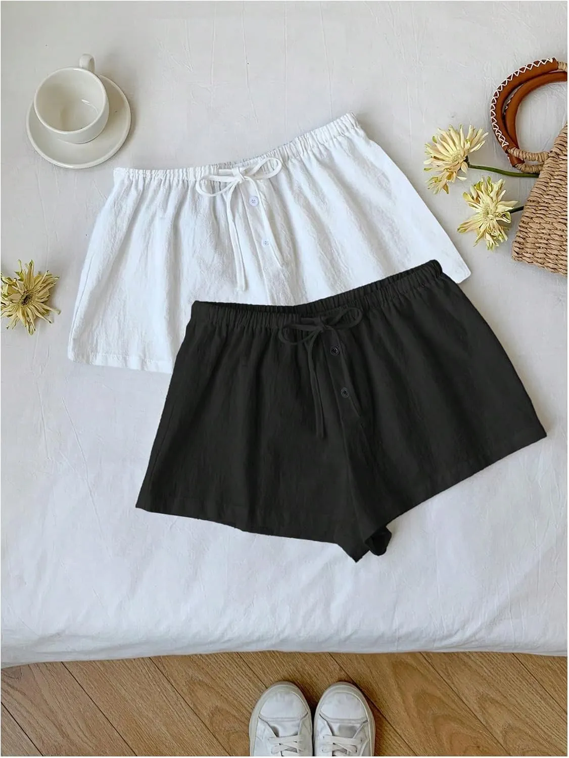 MakeMeChic Women's 2 Pack Linen Shorts Summer Beach Pajama Boxer Shorts