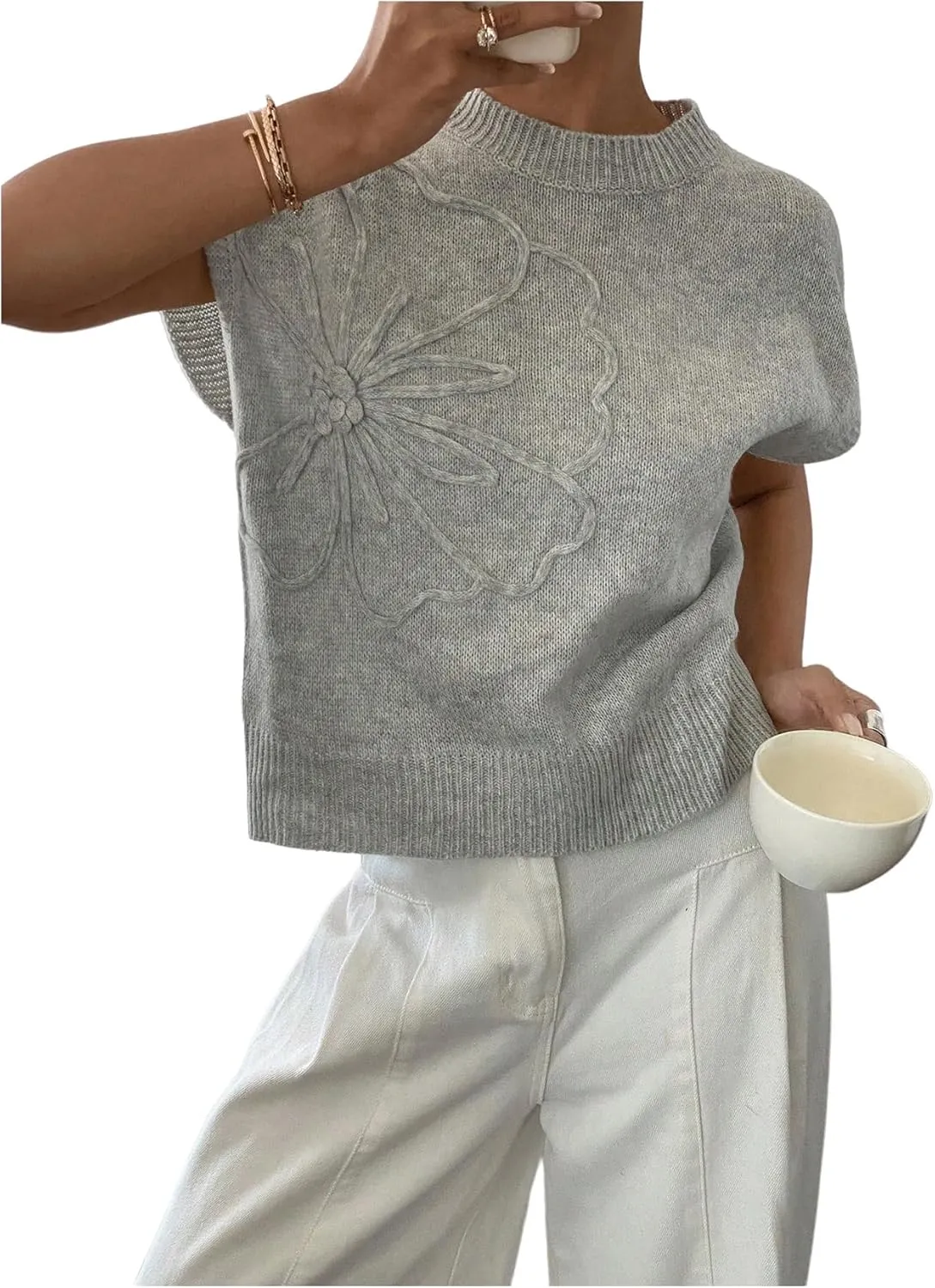 MakeMeChic Women's Floral Knitted Vest Top Sleeveless Pullover Sweater Vest