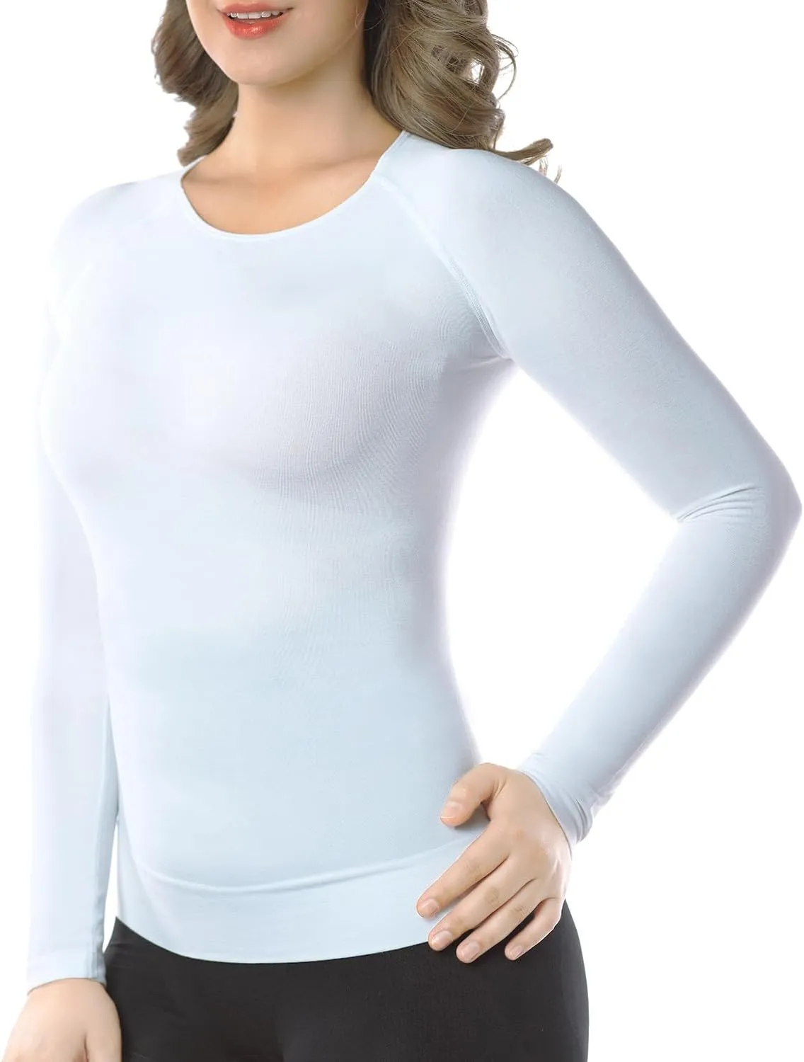  MD Womens Long Sleeve Undershirts Tops, Bamboo Round Neck Slim Fit Baselayer, Soft Thermal Underwear, Light Compression