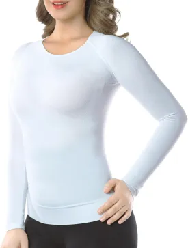  MD Womens Long Sleeve Undershirts Tops, Bamboo Round Neck Slim Fit Baselayer, Soft Thermal Underwear, Light Compression