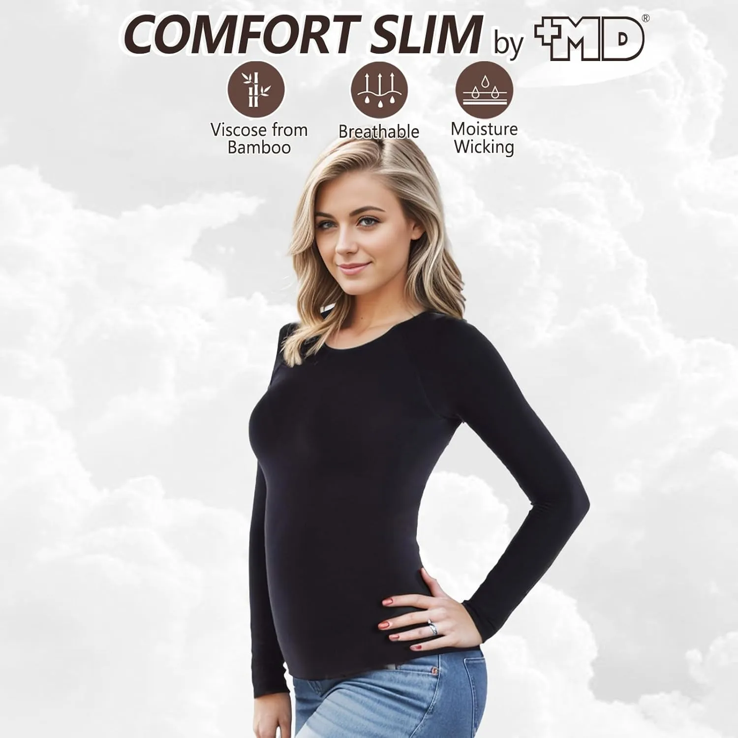  MD Womens Long Sleeve Undershirts Tops, Bamboo Round Neck Slim Fit Baselayer, Soft Thermal Underwear, Light Compression