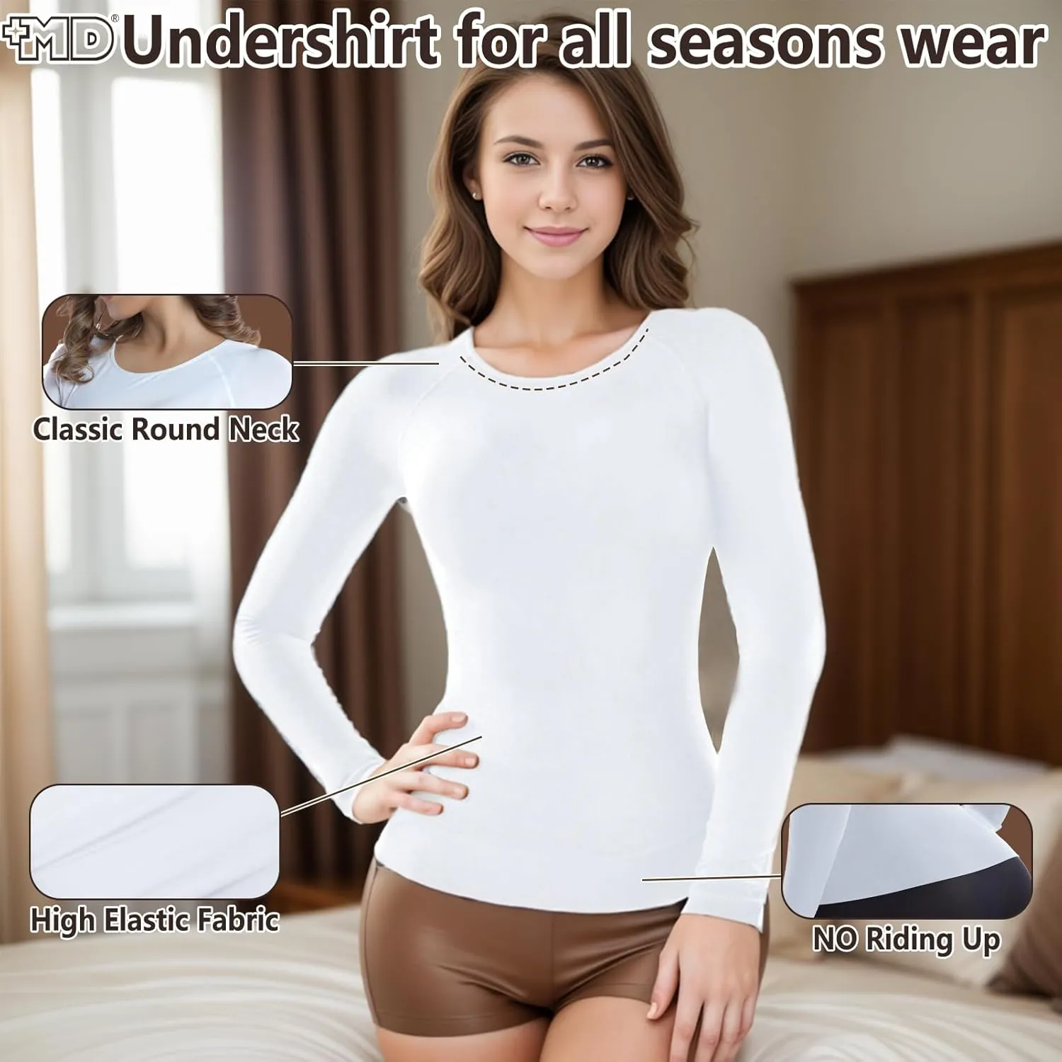  MD Womens Long Sleeve Undershirts Tops, Bamboo Round Neck Slim Fit Baselayer, Soft Thermal Underwear, Light Compression