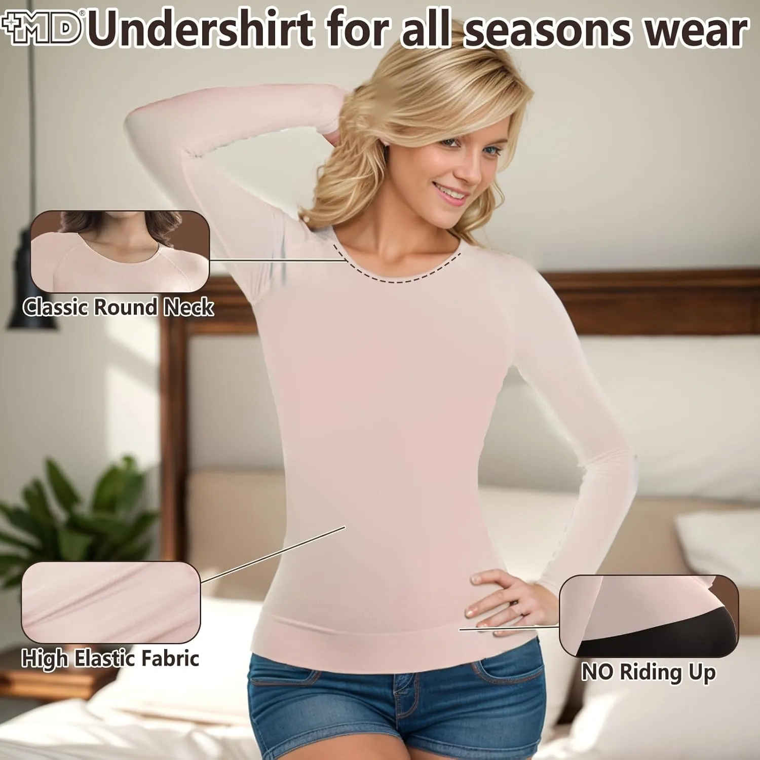  MD Womens Long Sleeve Undershirts Tops, Bamboo Round Neck Slim Fit Baselayer, Soft Thermal Underwear, Light Compression