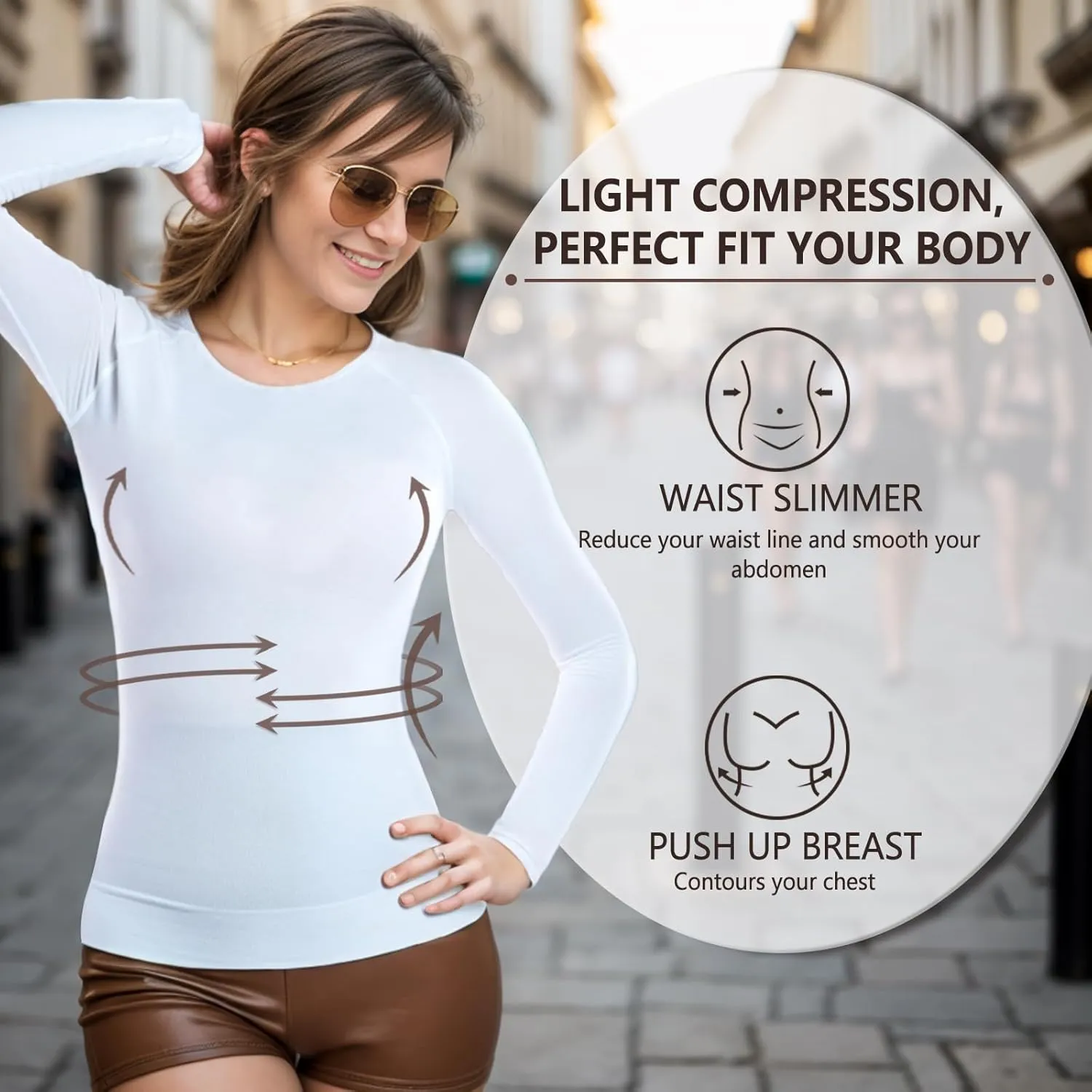  MD Womens Long Sleeve Undershirts Tops, Bamboo Round Neck Slim Fit Baselayer, Soft Thermal Underwear, Light Compression