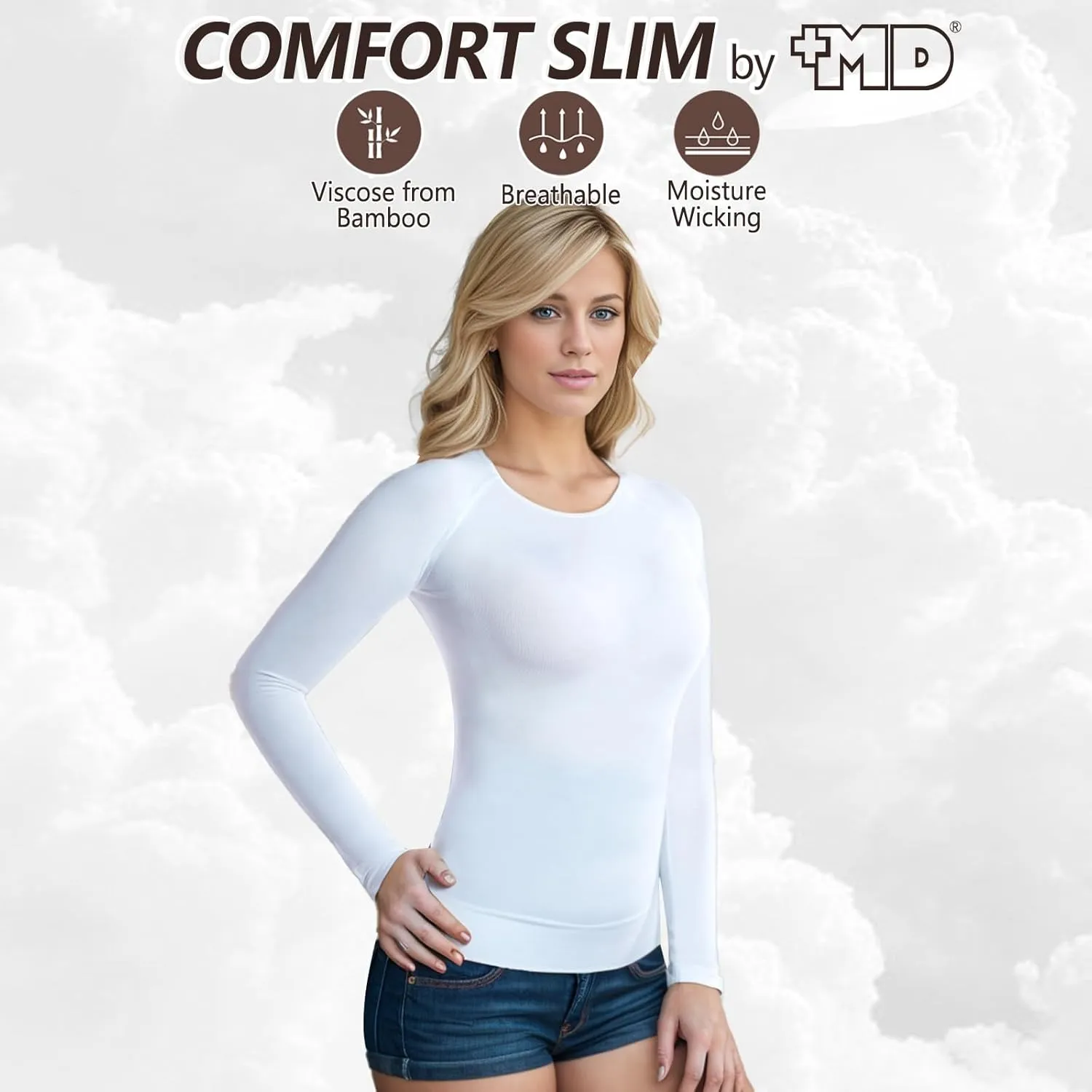  MD Womens Long Sleeve Undershirts Tops, Bamboo Round Neck Slim Fit Baselayer, Soft Thermal Underwear, Light Compression