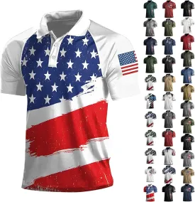 Men American Flag Golf Shirts 4th of July Short Sleeve Performance Moisture Wicking Quick Dry USA Patriotic Polo Shirt