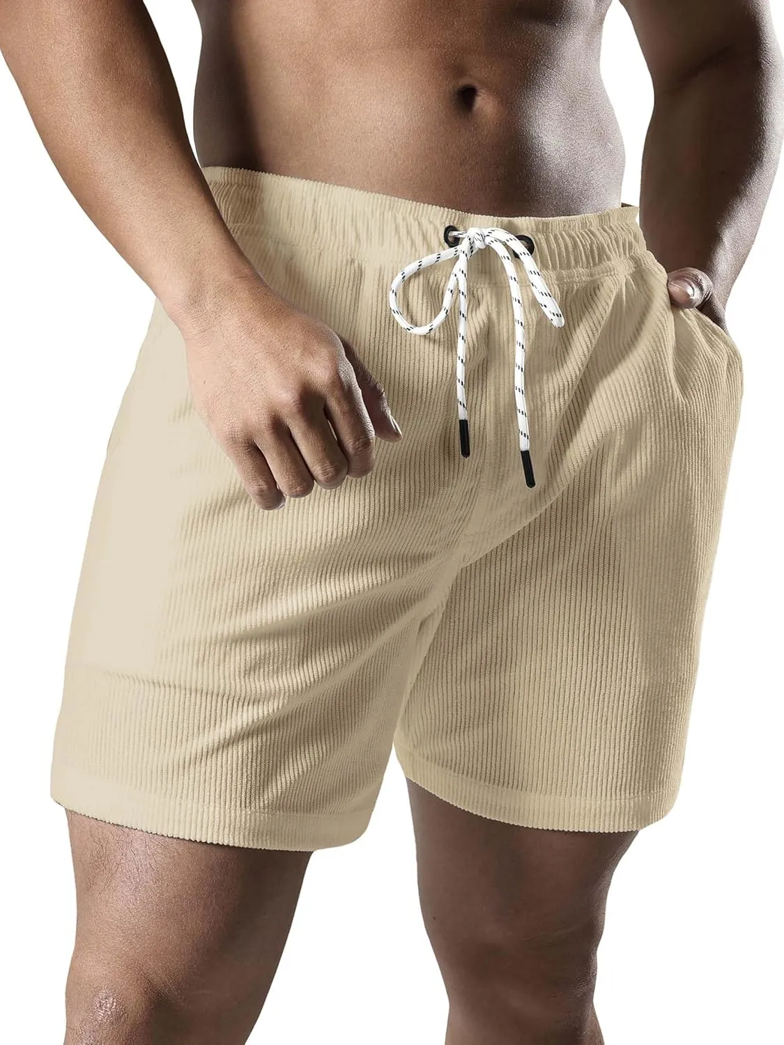 Men's Casual Drawstring Corduroy Shorts Elastic Waist Summer Shorts with Pocket