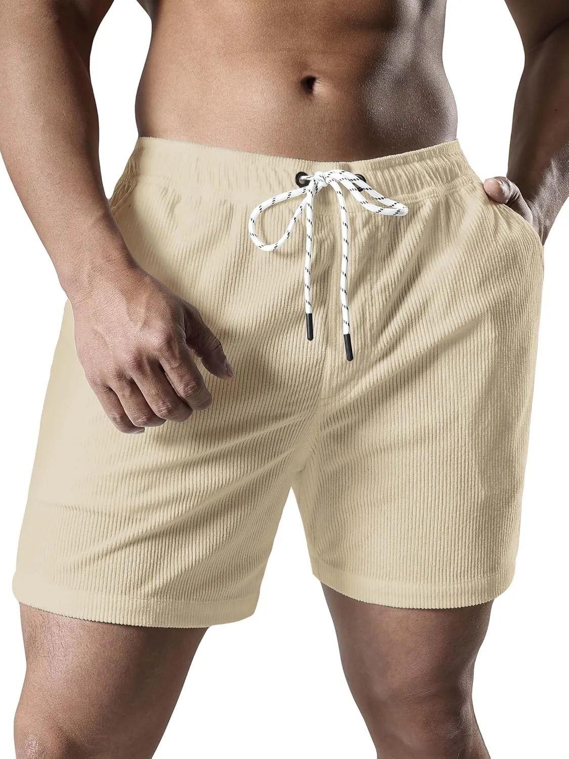 Men's Casual Drawstring Corduroy Shorts Elastic Waist Summer Shorts with Pocket