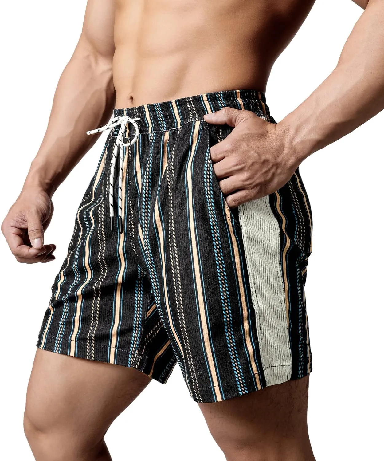 Men's Casual Drawstring Corduroy Shorts Elastic Waist Summer Shorts with Pocket