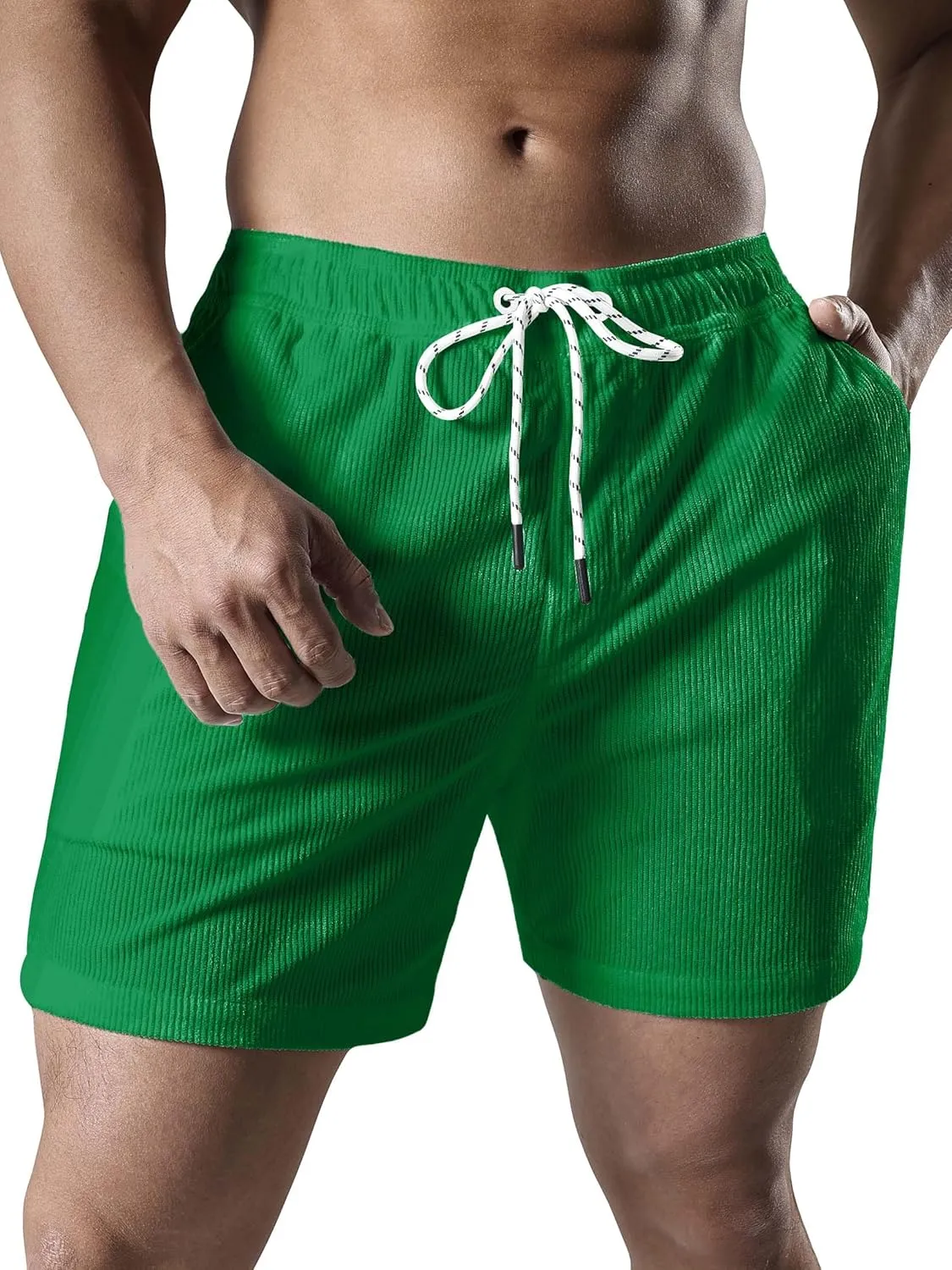 Men's Casual Drawstring Corduroy Shorts Elastic Waist Summer Shorts with Pocket